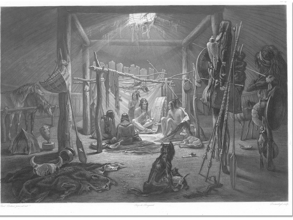 Interior of the Hut of a Mandan Chief. Engraving of a watercolour by Karl Bodmer [ca. 1832]