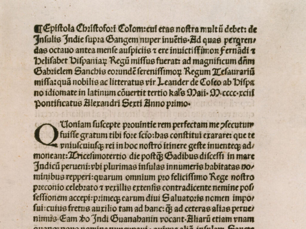 Christopher Columbus. Pamphlet: First Edition, in Latin, second(corrected)issue, 1493 (GLC 1427 page 1. The Gilder Lehrman Collection, on deposit at the Pierpont Morgan Library.)