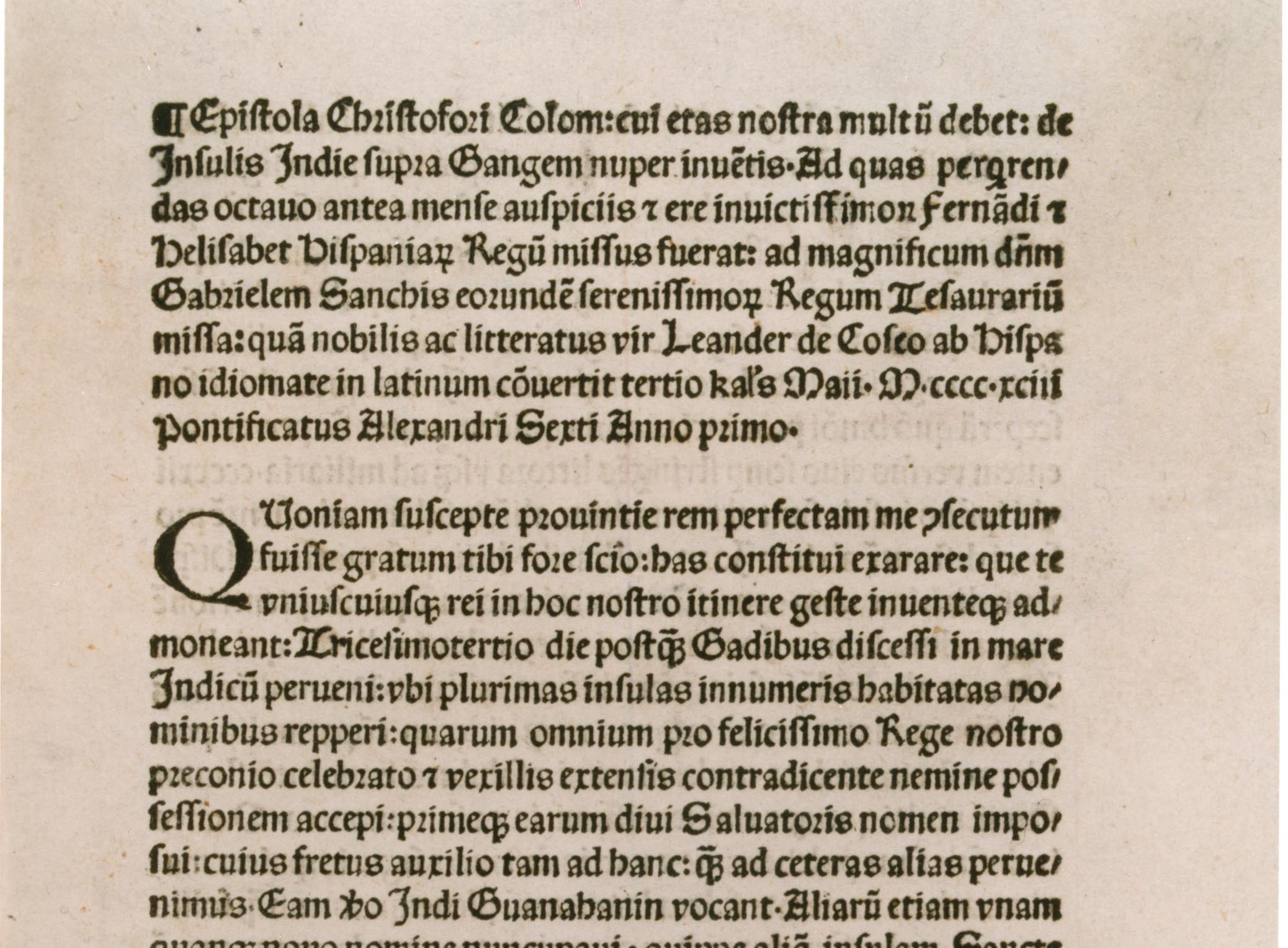 Christopher Columbus. Pamphlet: First Edition, in Latin, second(corrected)issue, 1493 (GLC 1427 page 1. The Gilder Lehrman Collection, on deposit at the Pierpont Morgan Library.)
