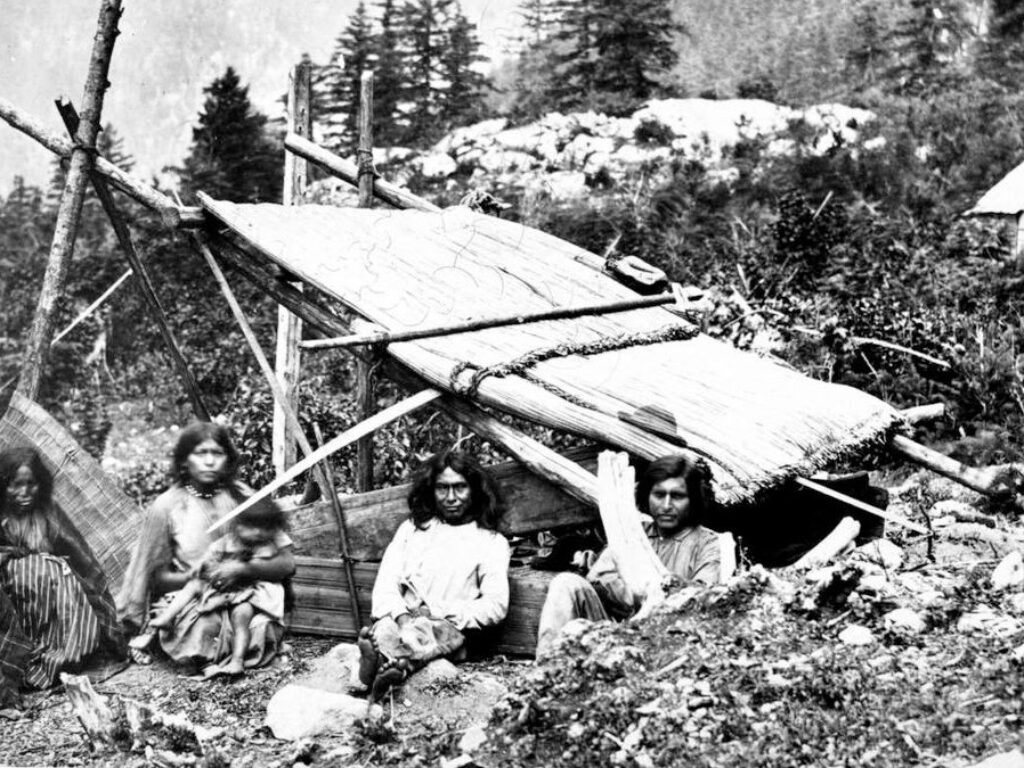 Encampment of Scachett [sic] [Skagit?] Indians at New Westminster, Fraser River, British Columbia.