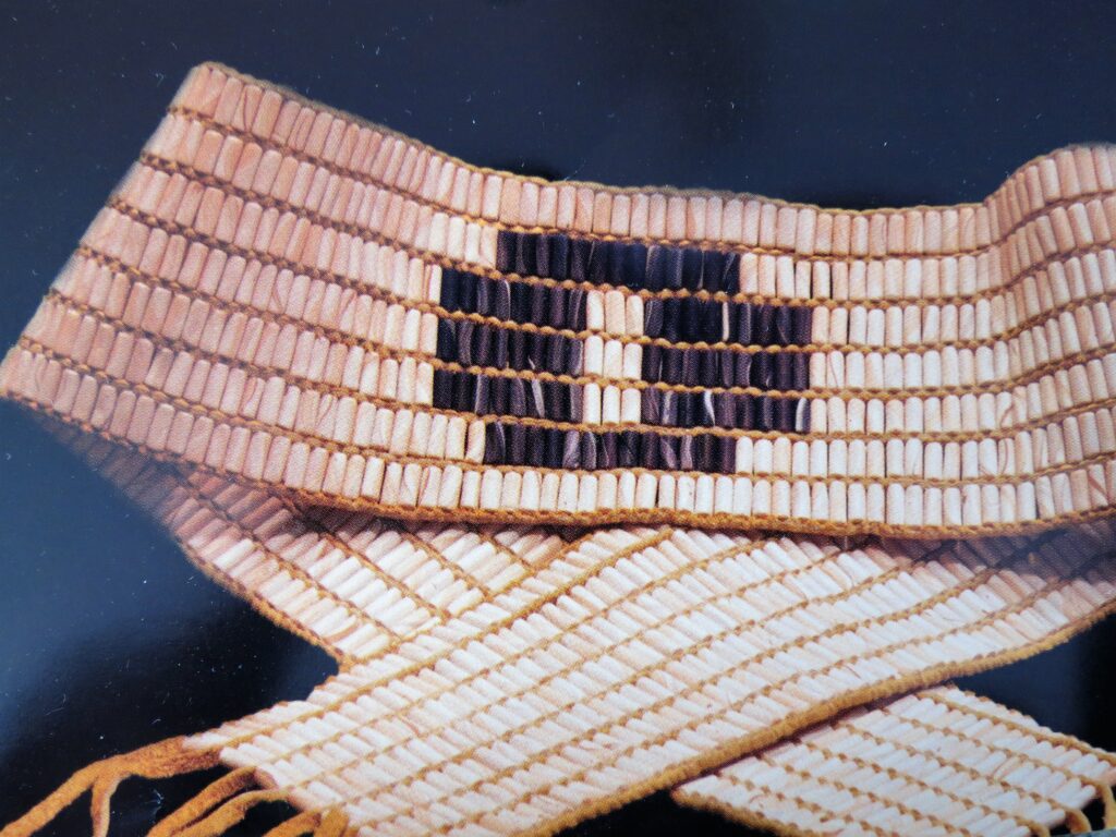 The Hiawatha Wampum Belt, or Dish with One Spoon, a pre-contact treaty between the Haudenosaunee and Anishinaabee, refers to the sharing of the land surrounding Lake Ontario and the eastern shores of the St. Lawrence River (one bowl) with only taking what you need and leaving enough for others (one spoon).