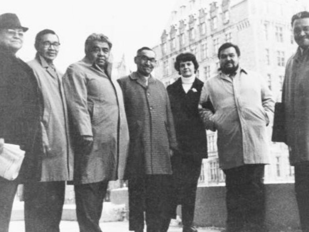 Resolving the Nisga’a Land Question was a task taken to heart by our Nisga’a men and women. ​ L-R: Dr. Frank Calder, Hubert Doolan, Senator Guy Williams, Eli Gosnell, unknown, William McKay, and James Gosnell.