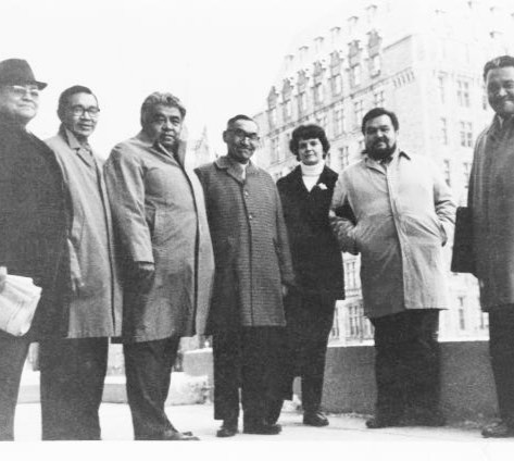 Resolving the Nisga’a Land Question was a task taken to heart by our Nisga’a men and women. ​ L-R: Dr. Frank Calder, Hubert Doolan, Senator Guy Williams, Eli Gosnell, unknown, William McKay, and James Gosnell.