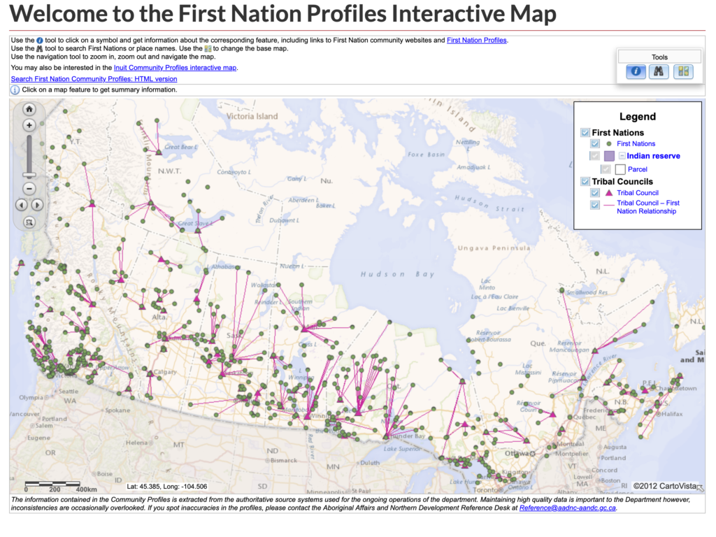 First Nation Profiles Interactive Map from Crown-Indigenous Relations and Northern Affairs Canada
